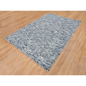 6'1"x9'1" Blue And Ivory, Modern Striae Design Soft To The Touch, Pure Wool Hand Loomed, Oriental Rug FWR391500