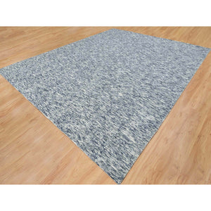 12'2"x15' Blue and Ivory, Pure Wool Hand Loomed, Modern Striae Design Soft Pile, Oversized Oriental Rug FWR391506