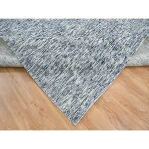 12'2"x15' Blue and Ivory, Pure Wool Hand Loomed, Modern Striae Design Soft Pile, Oversized Oriental Rug FWR391506
