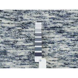12'2"x15' Blue and Ivory, Pure Wool Hand Loomed, Modern Striae Design Soft Pile, Oversized Oriental Rug FWR391506