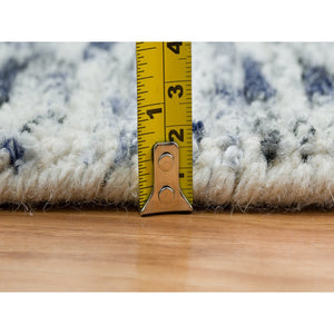 12'2"x15' Blue and Ivory, Pure Wool Hand Loomed, Modern Striae Design Soft Pile, Oversized Oriental Rug FWR391506