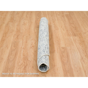 5'10"x5'10" Blue and Ivory, Modern Striae Design Soft Pile, Pure Wool Hand Loomed, Round Oriental Rug FWR391518