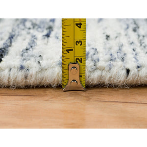 5'10"x5'10" Blue and Ivory, Modern Striae Design Soft Pile, Pure Wool Hand Loomed, Round Oriental Rug FWR391518