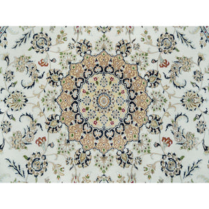 7'10"x7'10" Ivory, Natural Wool Hand Knotted, Nain With Center Medallion Flower Design 250 Kpsi, Round Oriental Rug FWR391788