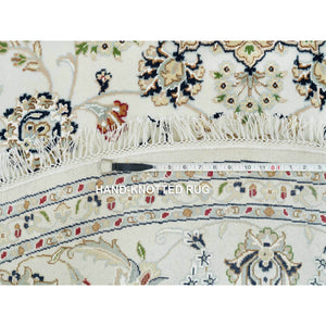 7'10"x7'10" Ivory, Soft Pile Pure Wool Hand Loomed, Plain Modern Striae Design, Round Oriental Rug FWR388632