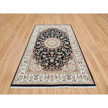 Load image into Gallery viewer, 6&#39;x9&#39; Midnight Blue, Nain With Center Medallion Flower Design, 250 Kpsi, Hand Knotted, 100% Wool, Oriental Rug FWR391806