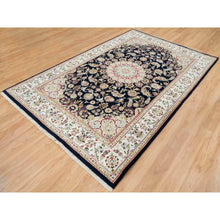 Load image into Gallery viewer, 6&#39;x9&#39; Midnight Blue, Nain With Center Medallion Flower Design, 250 Kpsi, Hand Knotted, 100% Wool, Oriental Rug FWR391806