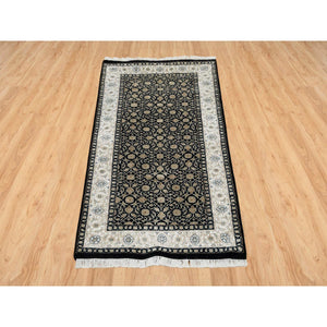 2'5"x4'7" Eerie Black, Hand Knotted Herati With All Over Fish Mahi Design, 250 Kpsi Densely Woven, Pure Wool, Oriental Rug FWR391860
