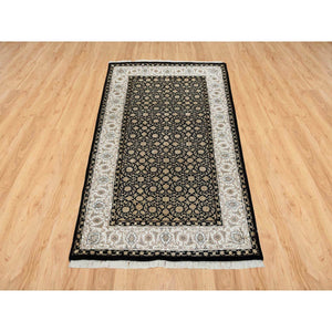 3'1"x5'5" Eerie Black, 250 Kpsi Densely Woven, Organic Wool Hand Knotted, Herati With All Over Fish Mahi Design, Oriental Rug FWR391872