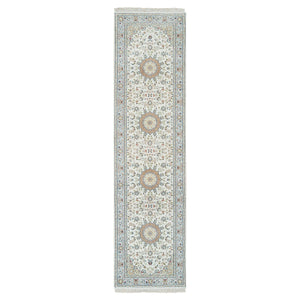 2'9"x10'4" Ivory, Nain with Center Medallion Flower Design, 250 KPSI, Hand Knotted, Pure Wool, Runner Oriental Rug FWR391890