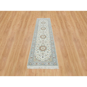 2'9"x10'4" Ivory, Nain with Center Medallion Flower Design, 250 KPSI, Hand Knotted, Pure Wool, Runner Oriental Rug FWR391890