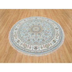 7'10"x7'10" Light Blue, 250 Kpsi Extra Soft Wool, Hand Knotted Nain With Center Medallion Flower Design, Round Oriental Rug FWR391980