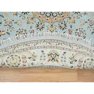 7'10"x7'10" Light Blue, 250 Kpsi Extra Soft Wool, Hand Knotted Nain With Center Medallion Flower Design, Round Oriental Rug FWR391980