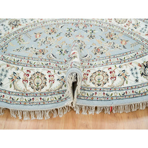 7'10"x7'10" Light Blue, 250 Kpsi Extra Soft Wool, Hand Knotted Nain With Center Medallion Flower Design, Round Oriental Rug FWR391980
