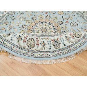 7'10"x7'10" Light Blue, 250 Kpsi Extra Soft Wool, Hand Knotted Nain With Center Medallion Flower Design, Round Oriental Rug FWR391980