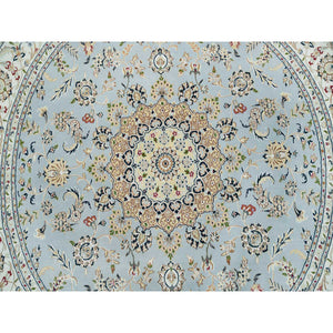 7'10"x7'10" Light Blue, 250 Kpsi Extra Soft Wool, Hand Knotted Nain With Center Medallion Flower Design, Round Oriental Rug FWR391980