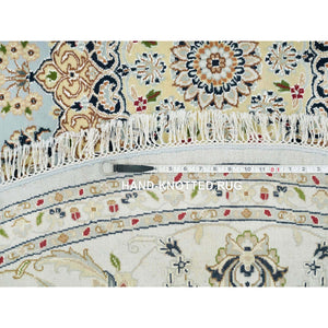 7'10"x7'10" Light Blue, 250 Kpsi Extra Soft Wool, Hand Knotted Nain With Center Medallion Flower Design, Round Oriental Rug FWR391980