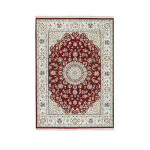 4'7"x6'8" Burgundy Red, Nain with Center Medallion Flower Design, 250 KPSI, Organic Wool, Hand Knotted, Oriental Rug FWR392076