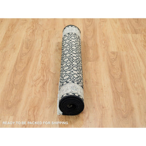 4'1"x6' Eerie Black, Hand Knotted Herati With All Over Fish Mahi Design, 250 Kpsi Densely Woven, 100% Wool, Oriental Rug FWR392088