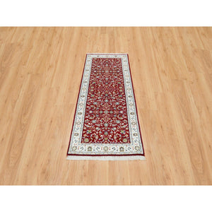 2'8"x6'8" Cherry Red, 250 Kpsi Pure Wool, Hand Knotted Nain With All Over Flower Design, Runner Oriental Rug FWR392274