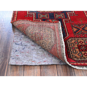 2'3"x9'3" Crimson Red, Vintage Persian Tabriz with Geometric Pattern, Worn and Distressed, 100% Wool, Hand Knotted, Cropped Thin, Even Wear, Sides and Ends Professionally Secured, Good Condition, Narrow Runner, Oriental Rug Sh653 FWR3918