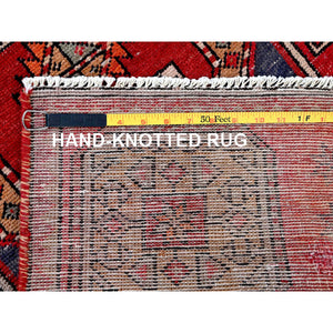 2'3"x9'3" Crimson Red, Vintage Persian Tabriz With Geometric Pattern, Worn And Distressed, 100% Wool, Hand Knotted, Cropped Thin, Even Wear, Sides And Ends Professionally Secured, Good Condition, Narrow Runner, Oriental Rug FWR3918