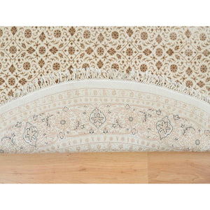 6'3"x6'3" Ivory, Densely Woven Organic Wool, Hand Knotted Herati With All Over Fish Mahi Design, 250 Kpsi, Round Oriental Rug FWR392406