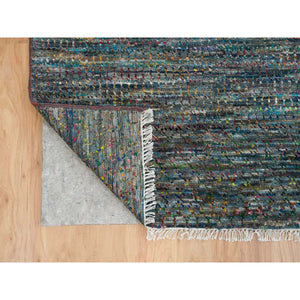 8'x10'2" Colorful, Modern Striae Design Soft Pile, Wool and Sari Silk Hand Knotted, Oriental Rug FWR392490