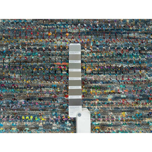 8'x10'2" Colorful, Modern Striae Design Soft Pile, Wool and Sari Silk Hand Knotted, Oriental Rug FWR392490
