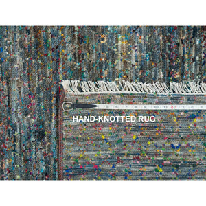8'x10'2" Colorful, Modern Striae Design Soft Pile, Wool and Sari Silk Hand Knotted, Oriental Rug FWR392490