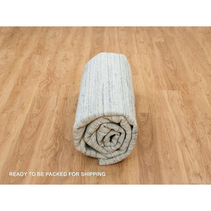 10'x10' Ivory, Hand Loomed Plain Modern Striae Design, Soft Pile Pure Wool, Round Oriental Rug FWR392586