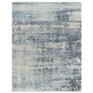 11'10"x14'10" Blue and Gray, Wool and Silk Hand Knotted, Modern Abstract with Mosaic Design, Oversized Oriental Rug FWR392682