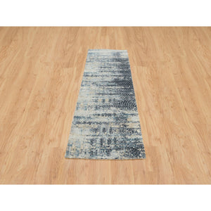 2'6"x7'9" Blue And Gray, Modern Abstract With Mosaic Design, Wool And Silk Hand Knotted, Runner Oriental Rug FWR392700