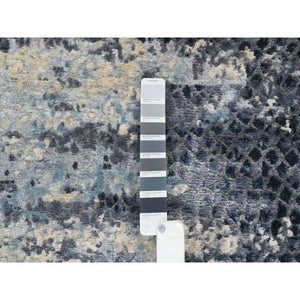 2'6"x7'9" Blue And Gray, Modern Abstract With Mosaic Design, Wool And Silk Hand Knotted, Runner Oriental Rug FWR392700