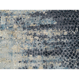 2'6"x7'9" Blue And Gray, Modern Abstract With Mosaic Design, Wool And Silk Hand Knotted, Runner Oriental Rug FWR392700