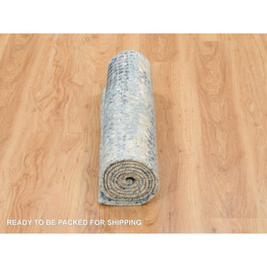 2'6"x7'9" Blue And Gray, Modern Abstract With Mosaic Design, Wool And Silk Hand Knotted, Runner Oriental Rug FWR392700