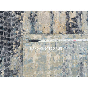 2'6"x7'9" Blue And Gray, Modern Abstract With Mosaic Design, Wool And Silk Hand Knotted, Runner Oriental Rug FWR392700