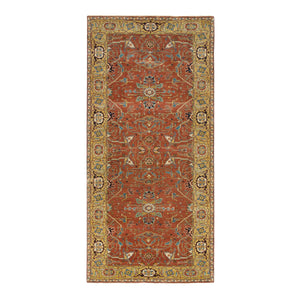 4'x10' Terracotta Red, Antiqued Fine Heriz Re-Creation, Hand Knotted, Soft Wool, Wide Runner Oriental Rug FWR392772