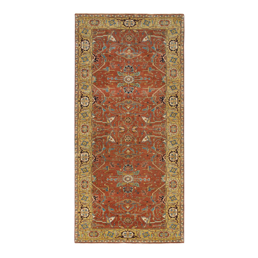 4'x10' Terracotta Red, Antiqued Fine Heriz Re-Creation, Hand Knotted, Soft Wool, Wide Runner Oriental Rug FWR392772