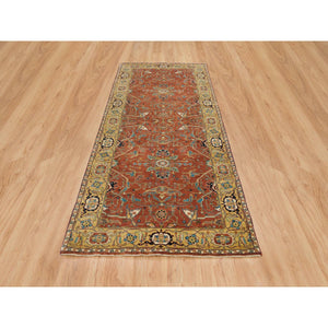 4'x10' Terracotta Red, Antiqued Fine Heriz Re-Creation, Hand Knotted, Soft Wool, Wide Runner Oriental Rug FWR392772