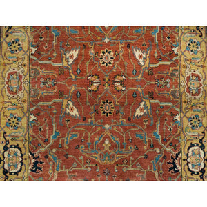 4'x10' Terracotta Red, Antiqued Fine Heriz Re-Creation, Hand Knotted, Soft Wool, Wide Runner Oriental Rug FWR392772