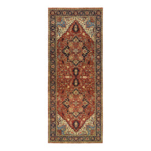 Load image into Gallery viewer, 4&#39;x10&#39;1&quot; Terracotta Red, Densely Woven Pure Wool, Hand Knotted Antiqued Fine Heriz Re-Creation, Natural Dyes, Wide Runner Oriental Rug FWR392778