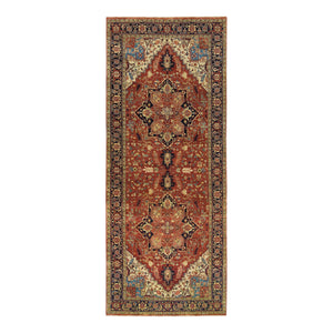 4'x10'1" Terracotta Red, Densely Woven Pure Wool, Hand Knotted Antiqued Fine Heriz Re-Creation, Natural Dyes, Wide Runner Oriental Rug FWR392778