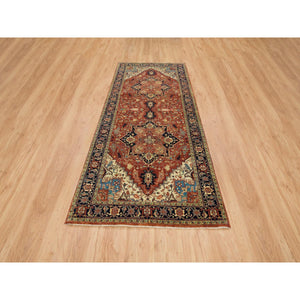 4'x10'1" Terracotta Red, Densely Woven Pure Wool, Hand Knotted Antiqued Fine Heriz Re-Creation, Natural Dyes, Wide Runner Oriental Rug FWR392778