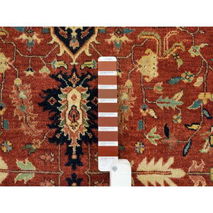 4'x10'1" Terracotta Red, Densely Woven Pure Wool, Hand Knotted Antiqued Fine Heriz Re-Creation, Natural Dyes, Wide Runner Oriental Rug FWR392778
