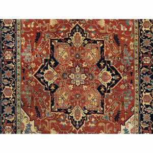 4'x10'1" Terracotta Red, Densely Woven Pure Wool, Hand Knotted Antiqued Fine Heriz Re-Creation, Natural Dyes, Wide Runner Oriental Rug FWR392778