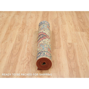 4'x10'1" Terracotta Red, Densely Woven Pure Wool, Hand Knotted Antiqued Fine Heriz Re-Creation, Natural Dyes, Wide Runner Oriental Rug FWR392778