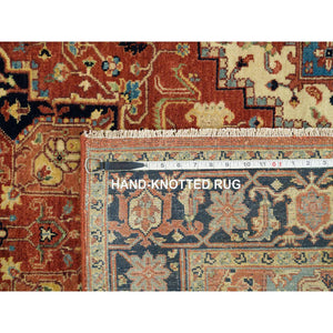 4'x10'1" Terracotta Red, Densely Woven Pure Wool, Hand Knotted Antiqued Fine Heriz Re-Creation, Natural Dyes, Wide Runner Oriental Rug FWR392778