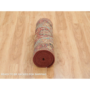 2'7"x18' Terracotta Red, Hand Knotted, Antiqued Fine Heriz Re-Creation, Densely Woven, Natural Dyes, Organic Wool, XL Runner Oriental Rug FWR392820