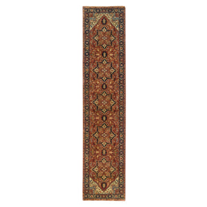 2'7"x12'1" Terracotta Red, Hand Knotted Antiqued Fine Heriz Re-Creation, Natural Dyes Dense Weave, Organic Wool, Runner Oriental Rug FWR392892